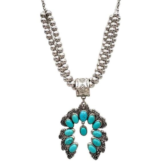 Large Squash Blossom Pendant Chunky Necklace and Earrings Set with Turquoise St - Picture 10 of 11